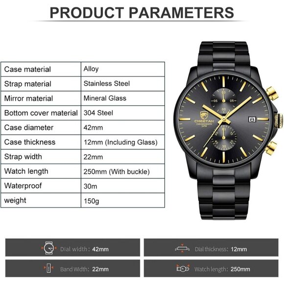 GOLDEN HOUR Men's Black Stainless Steel Chronograph Watch Waterproof Auto Date - Picture 5 of 8